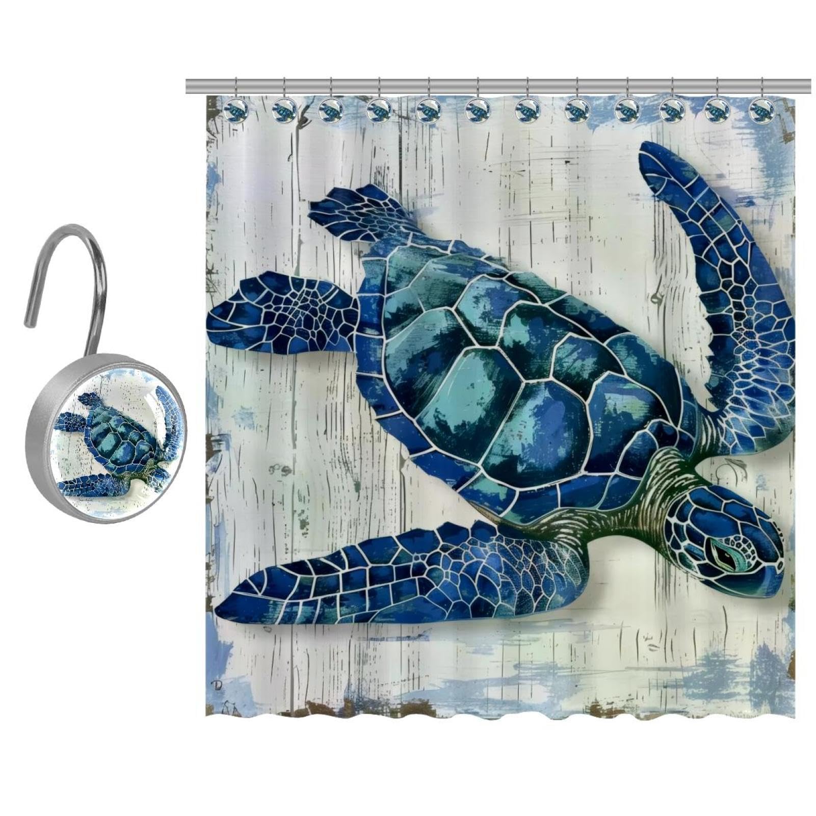 Yeele Duschvorhang-Set „Strand & Meeresschildkröte“ – Wasserdicht, 183x183 Cm, Mit 12 Haken, Blau