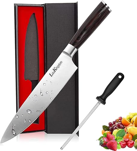 LauKingdom Cuchillo de chef profesional mango de sándalo de 8 pulgadas diseño ergonómico acero inoxidable alemán en caja de regalo regalo de