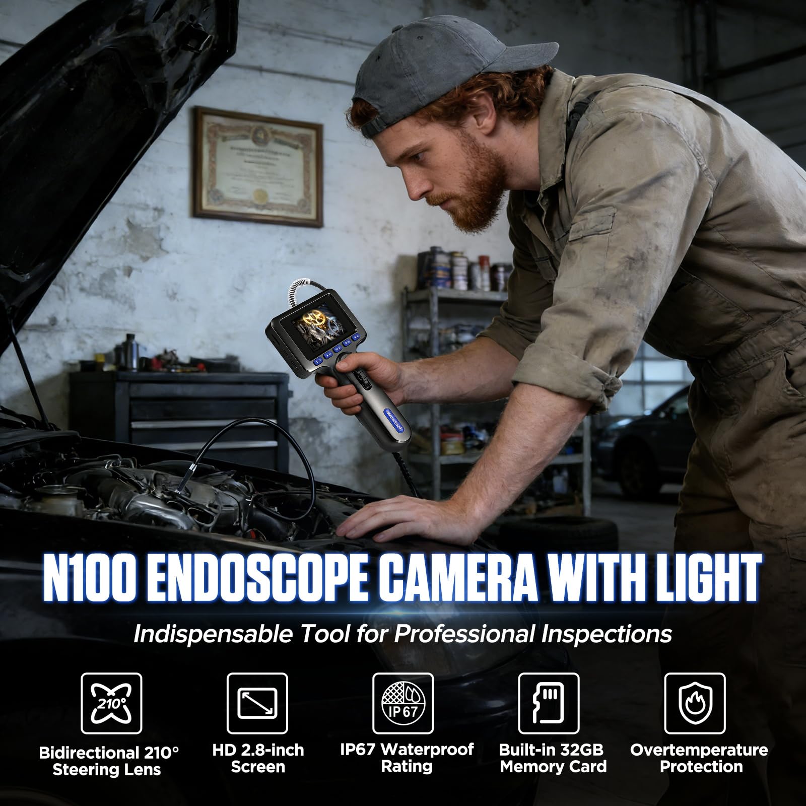 Caméra endoscopique IP67 0,24 pouce 6,25 mm sonde articulée double face borescope orientable flexible inspection mécanique avion moteur voiture N100