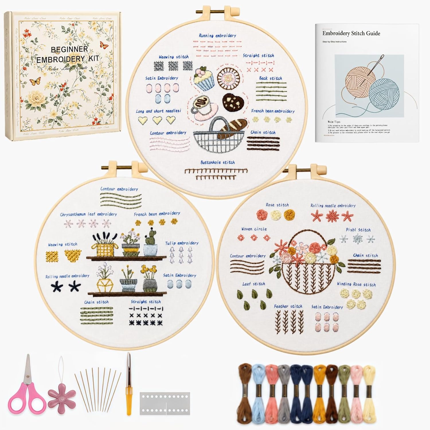Ruyitycy Embroidery Kit for Beginners and Adults, Learn 21 Stitches with Video Tutorials, All-in-One Hand Embroidery Starter Set with Patterns, Hoop, Threads and Tools