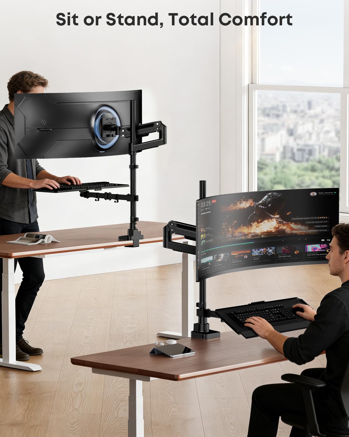 PUTPRSEN Soporte Monitor con Bandeja Teclado – Carga Pesada hasta 49 Pulgadas & 10 kg, Brazo con Gas Elevable Sentado-Pie, Ergonomico para Oficina y Teletrabajo, Gestión de Cables, Compatible VESA