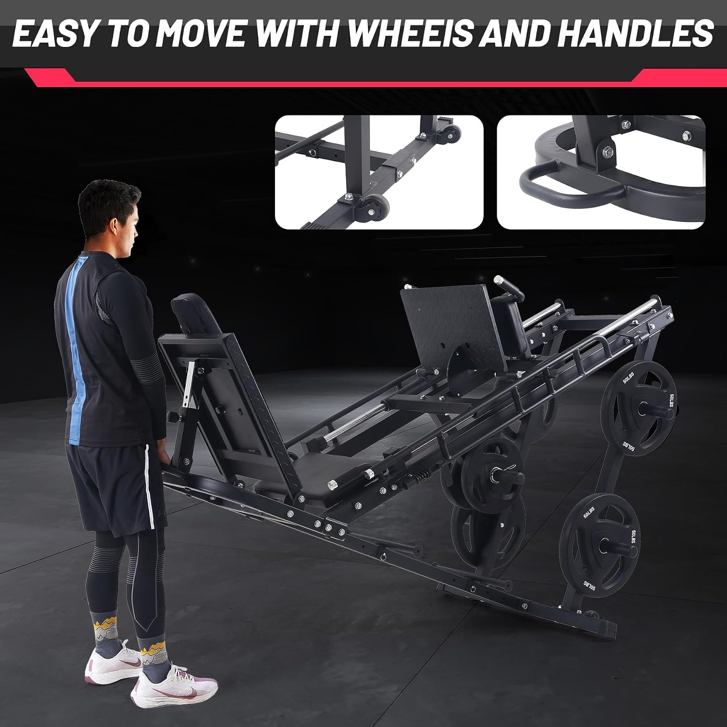 Image showing the wheels and handles for easy movement of the Elementool 2-in-1 Leg Press & Hack Squat Machine.