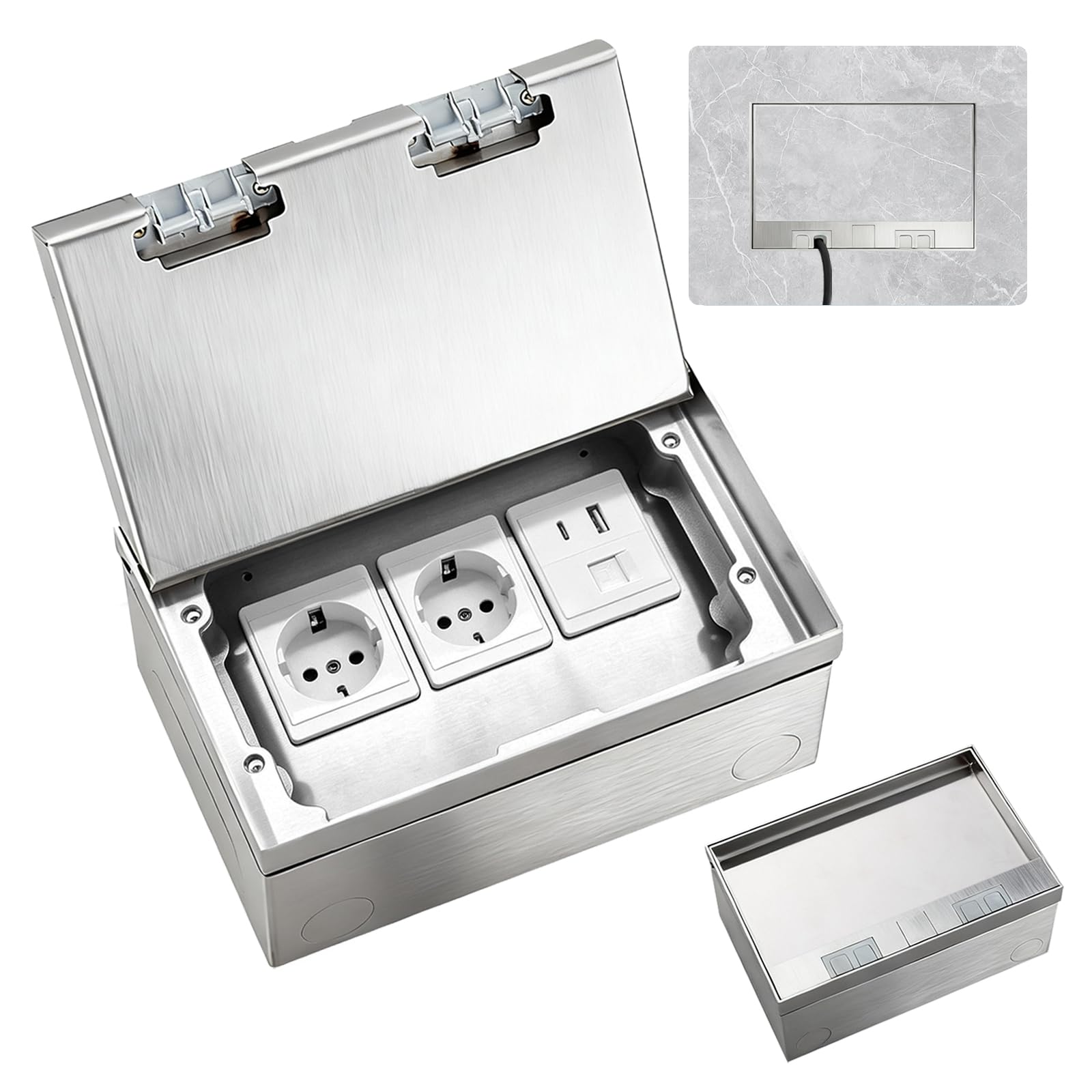 Tomacorriente Empotrado en Piso, Enchufe Oculto Empotrado de 4000W/16A con 2 Enchufes EU y Conexiones USB + Tipo C+ CAT6, Caja de Enchufe Empotrada en el Piso de Acero Inoxidable para Hogar,Oficinas
