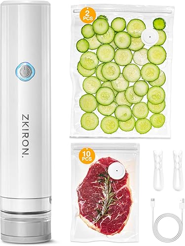 OneTouch - Sellador al vacío de mano con 12 bolsas de vacío reutilizables, sellador de alimentos compacto con succión transparente desmontable para