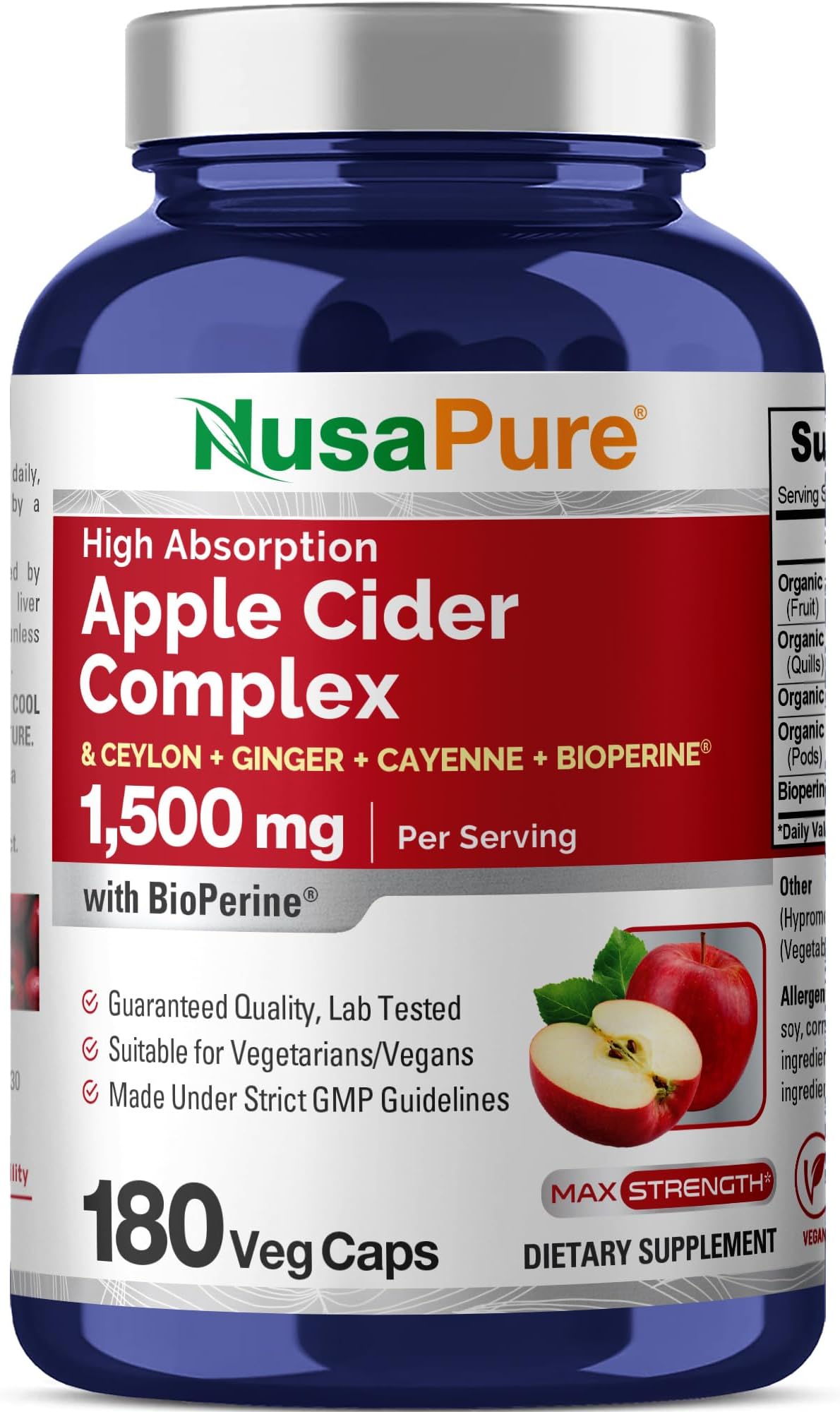 Apple Cider Vinegar Complex 1500 mg 180 Veg Caps Suitable for Vegetarians and Vegans, Non-GMO