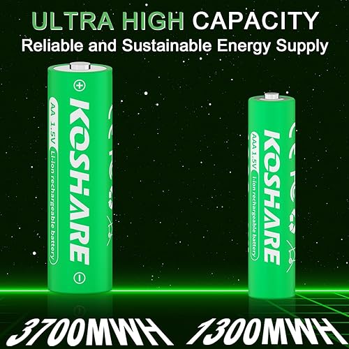 Miniatura 2 de Baterías recargables AA AAA de litio con cargador, 8 baterías de iones de litio de 1.5 V con 4 pilas AA de 3700 mWh y 4 pilas AAA de 1300 mWh, 1200
