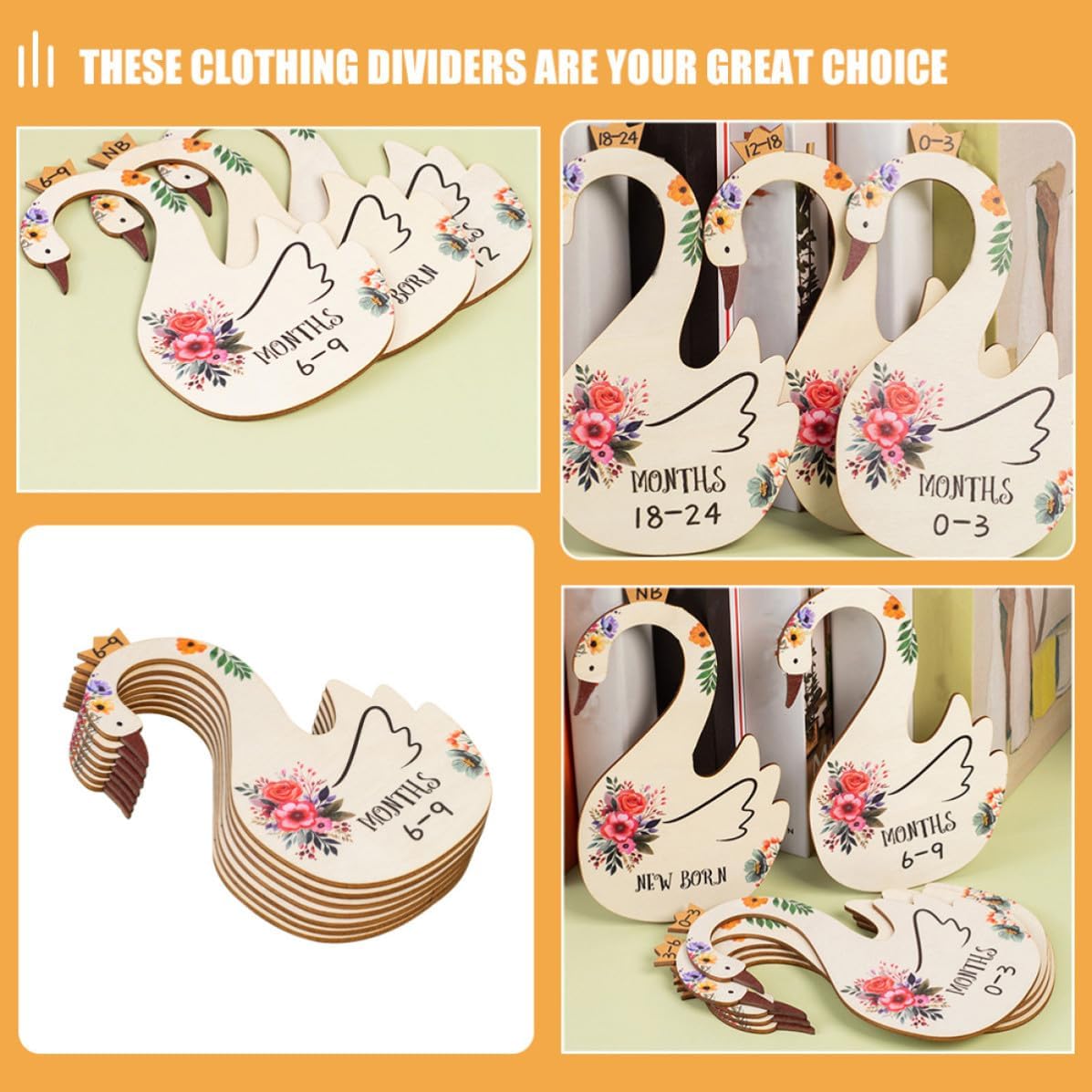 7pcs Closet Clothing Dividers Wooden Double-sided Cartoon Swan Size Organizer for Nursery Storage and Closet Organizing with Month Information