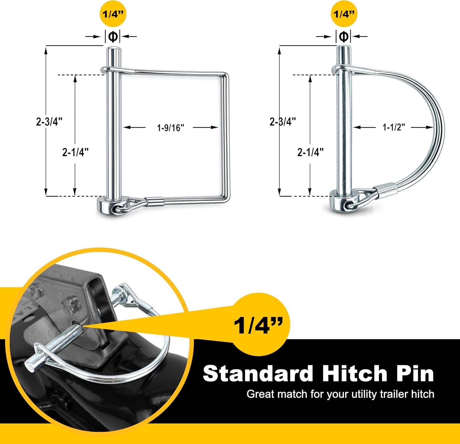 Wellmax 12-Pack Trailer Hitch Pin Assortment, 1/4" and 5/16" Diameter, Square and Arch Wire Lock Pins, Zinc-Plated Carbon Steel Safety Pins for PTO, Farm, Mower, and Boat Trailer Couplers, Silver thumbnail