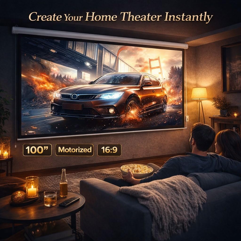 Motorized Projector Screen with Remote Control, 100 Inch 4:3 Auto-Locking Portable Projection Screen, Manual Projector Screen Pull Down for Home Theater Office Classroom TV Usage (80" W x 60" H)