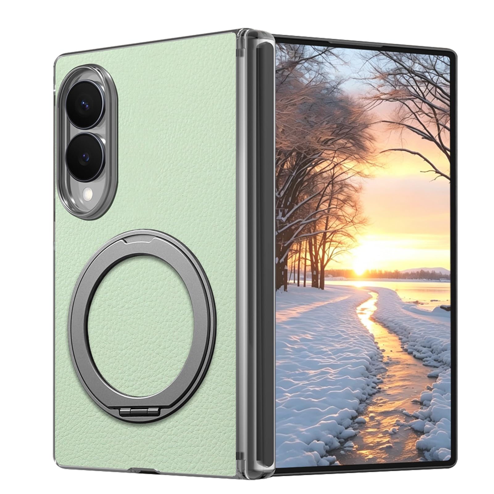 Etui zawiasowe do Samsung Galaxy Z Fold 8, pokrowiec ochronny z obrotowym pierścieniem i upadkiem, wegańska skóra, odporne na wstrząsy, magnetyczne ssanie, regulowany stojak, obudowa telefonu (zielony