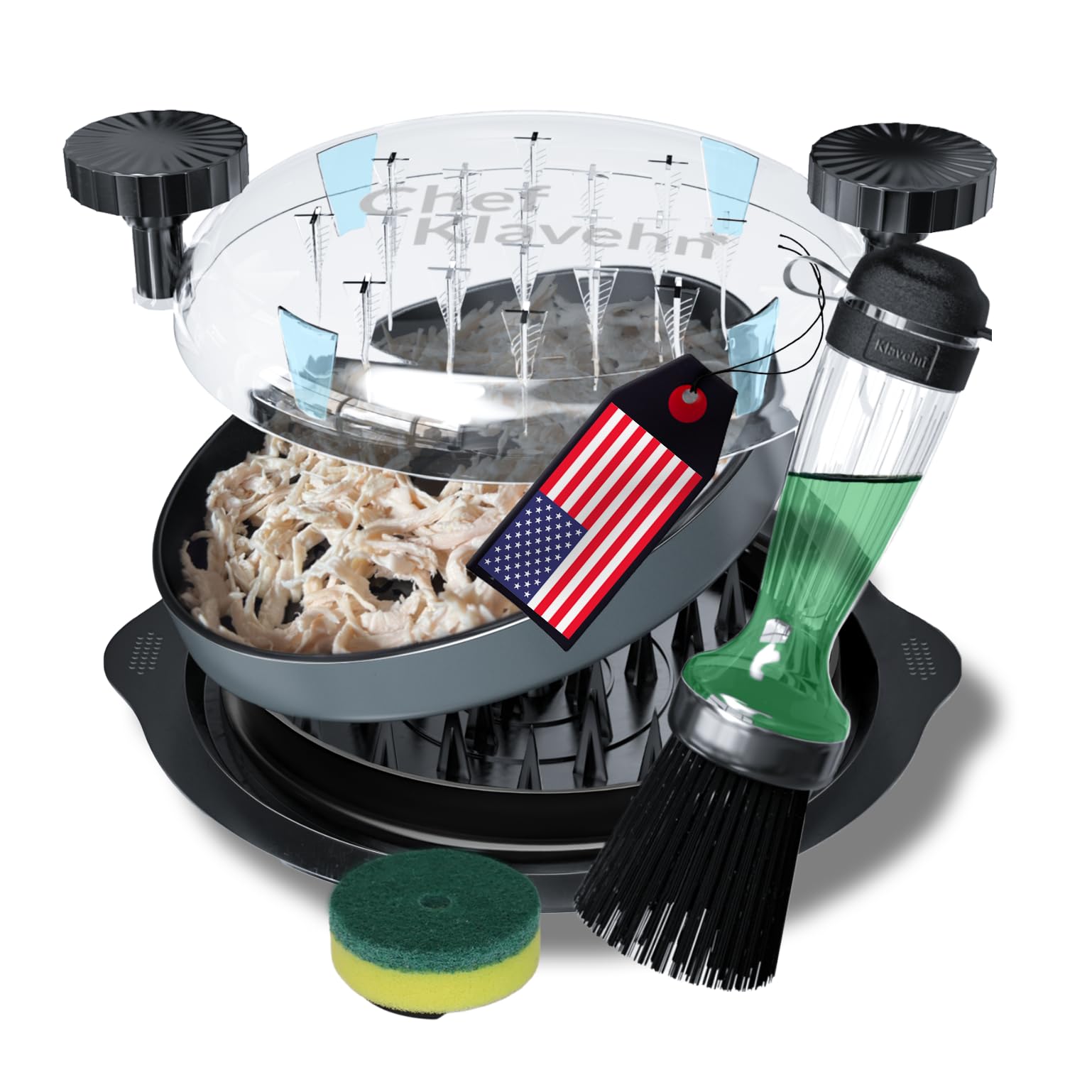 American brand 3-Layer Chicken Shredder w/Detachable Plate + Special Brush, Double Anti-Slip, BPA Free, Heat Resistant, Dishwasher Safe | Chicken Breast Shredding Tool Twist, Beef, Pork, Meat Grinder