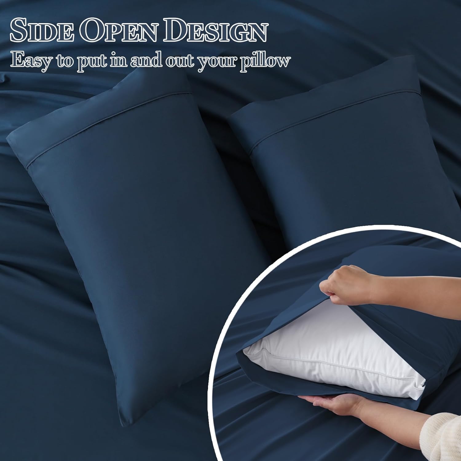 King Size Sheet Set 4 Pieces Extra 15" Deep Pocket Fitted Sheets Soft Microfiber Breathable Sheet for King Bed Navy Blue Bed Sheets for Adults Bedding with Pillowcases