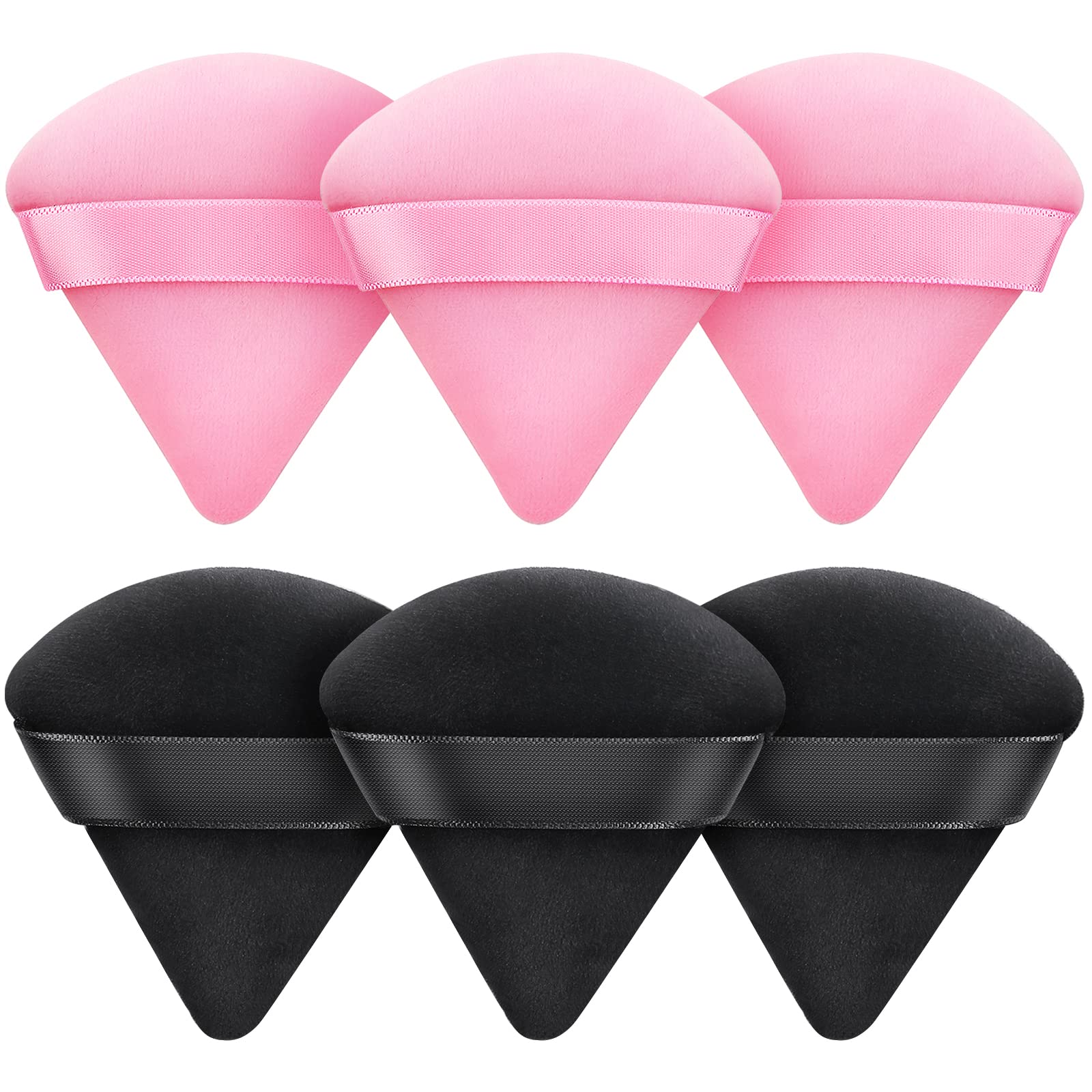 D 6 PCS Powder Puff Triangle Makeup Puffs for Loose Setting Powder Face Body, Foundation Blender Velour, Super Soft Eye Makeup Wedges Beauty Tools (3 Pink 3 Black)