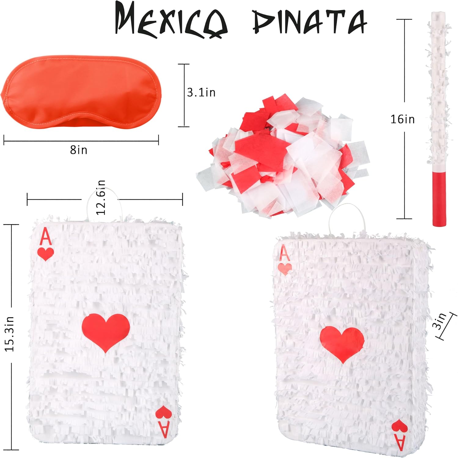 Ace of hearts Party Piñata Box, Hand Made Poker A Piñata Boom Box for Gambling Theme Party, Carnival and Related Events, With Sticks, Eyemask, Confetti filler