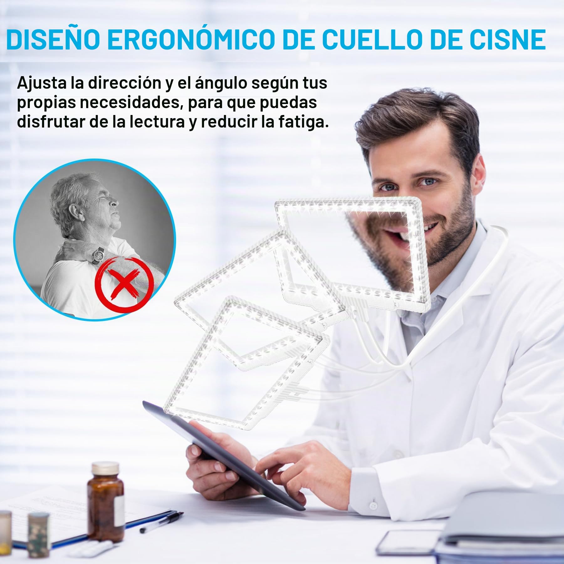 Lupa 5X con luz y cuello de cisne flexible, 43 LED, aumento de página completa, 23 x 16,5 cm, para personas mayores con visión envejecida
