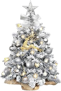 Mini Christmas Tree-with Lights,2ft Pre Lit Artificial Small Christmas Tree Snow Flocked Tree with 24pcs DIY Decorations Tabletop Christmas