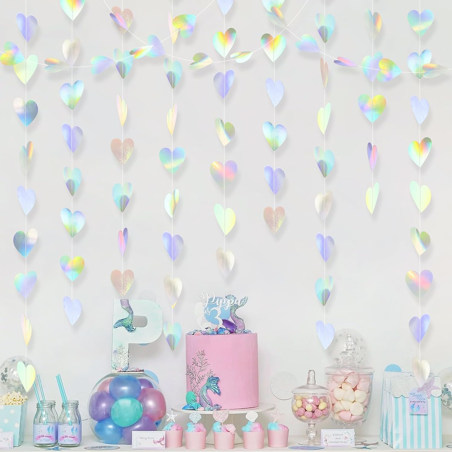 Iridescent Heart Streamers Garland - 2.8 Inch 52 FT 4 Strands - Holograpic Hanging Paper Decorations for Birthday, Bachelorette, Disco, Engagement Party Decorations