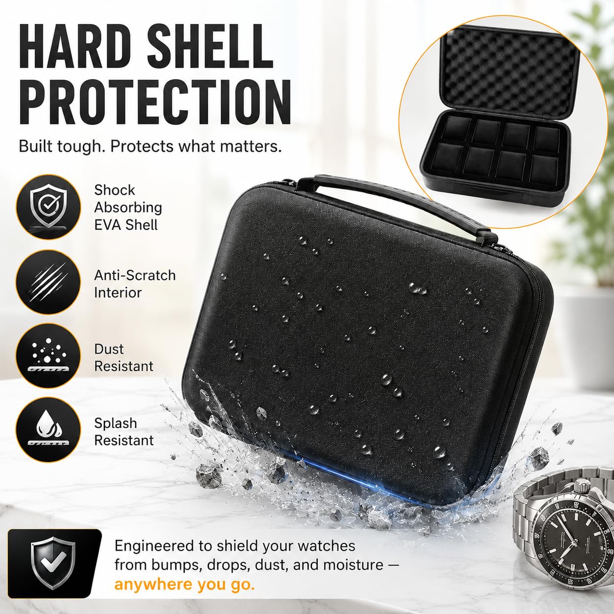 Comecase 8 Slot Travel Watch Case for Men Woman, Hard Shell Watch Organizer view 2
