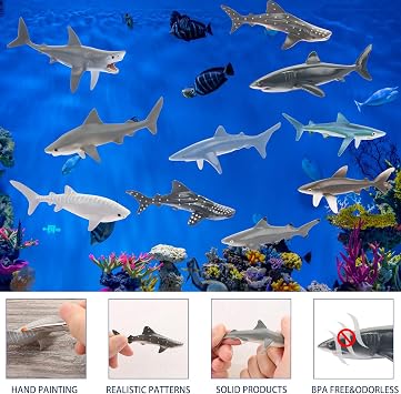 10pcs Shark Figures Miniature Realistic Marine Ornaments Animals Figures Cake Topper 10 Styles with Great White Shark Megalodon for School Office Classroom Parties Landscape Cake Decoration