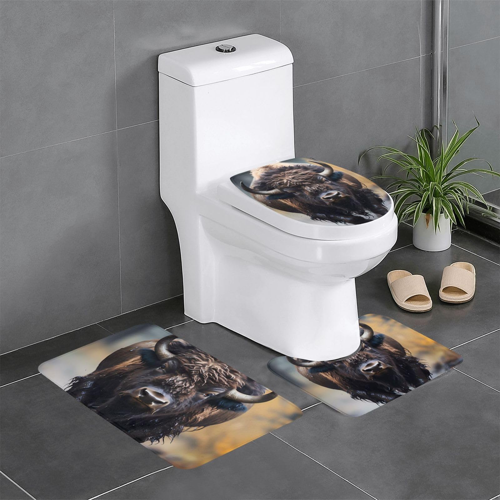 Tapis de salle de bain antidérapant lot de 3, set imprimé bison lavable et facile à nettoyer