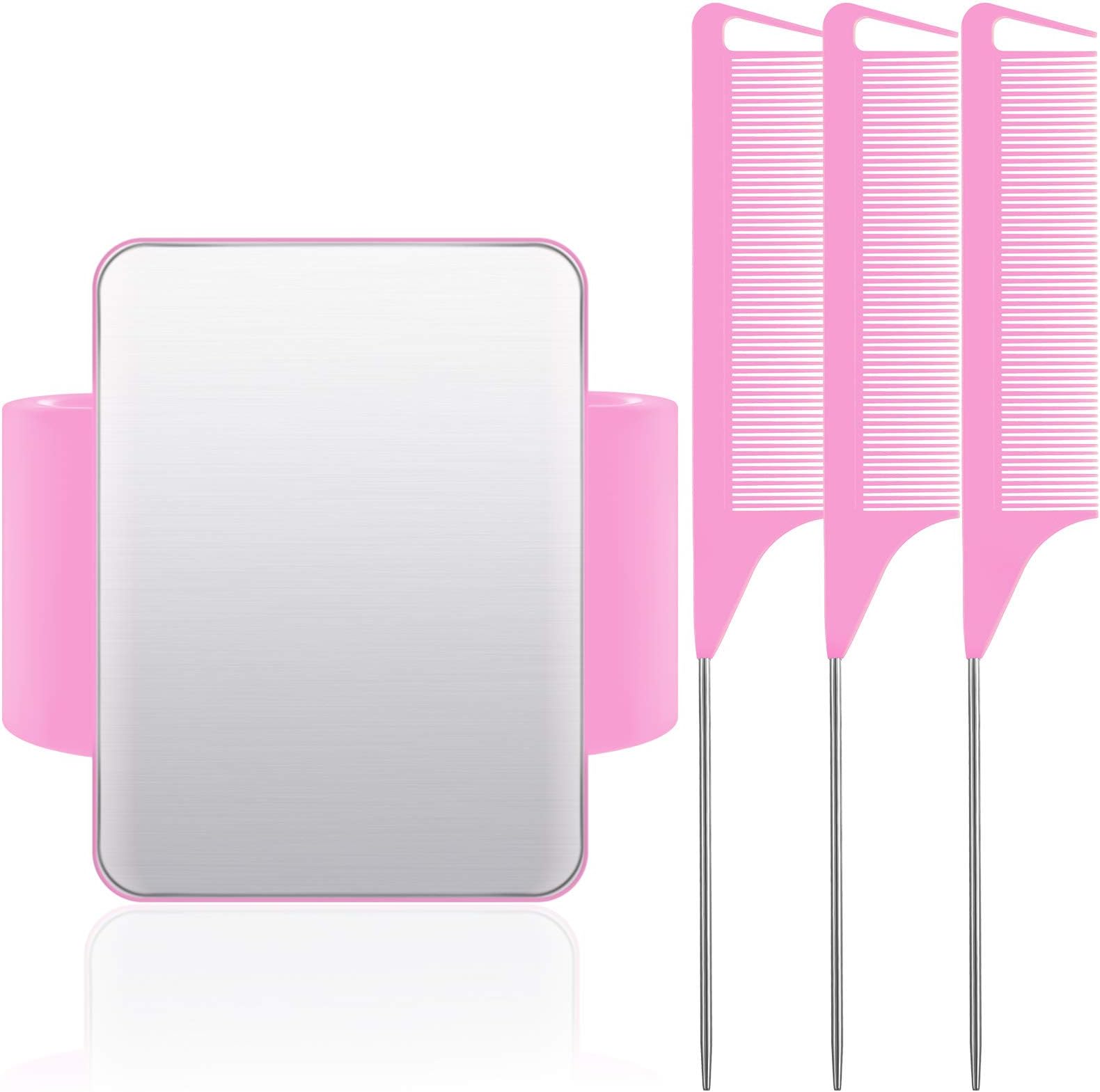 Magnetic Wrist Sewing Pincushion Wrist Magnetic Pin Holder Wristband Pin Cushion Holder with 3 Pieces Stainless Steel Pintail Comb Rat Tail Comb for Hair Clips Sewing, Daily Hand Sewing (Pink)