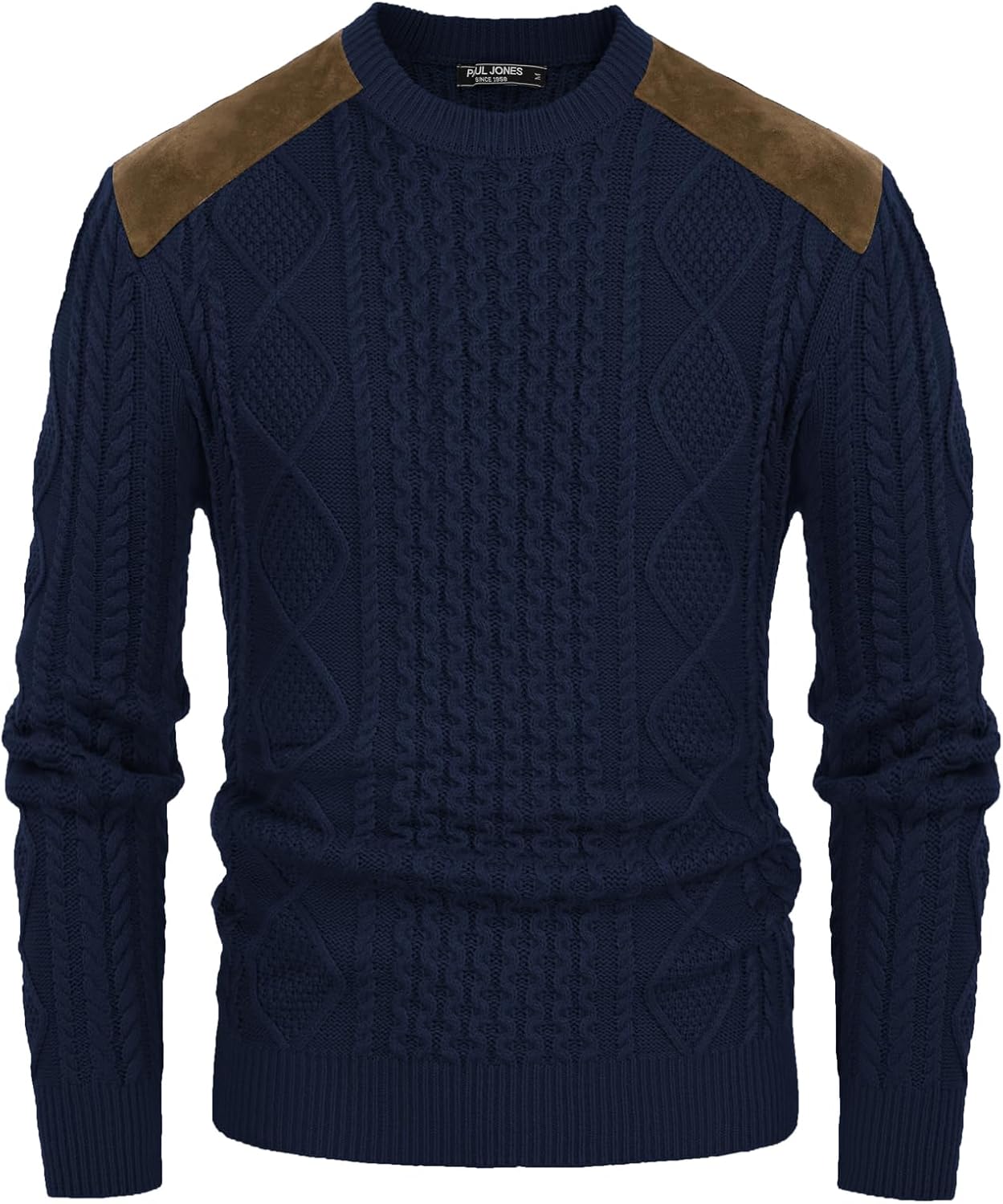 PJ PAUL JONES Mens Sweater Military Cable Knit Crewneck Vintage Long Sleeve Pulllover Sweaters with Suede Patchwork