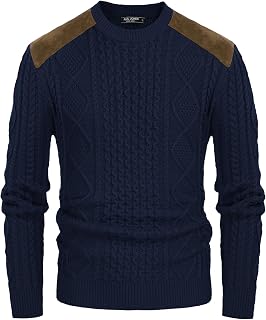 Mens Sweater Military Cable Knit Crewneck Vintage Long Sleeve Pulllover Sweaters with Suede Patchwork