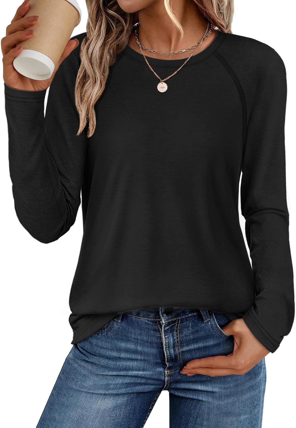 ATHMILE Long Sleeve Shirts for Women Fall Outfit 2026 Fashion Casual T Shirt Round Neck Basic Loose Tunic Tops
