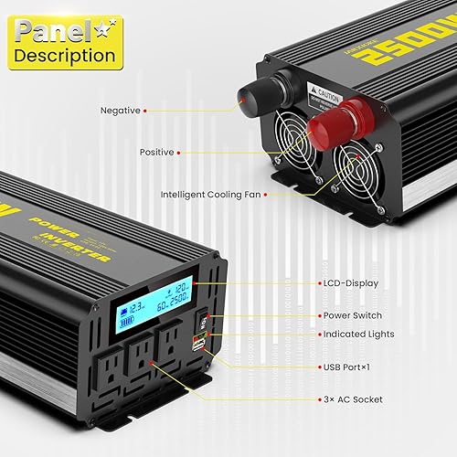 Miniatura 7 de Inversor de corriente de onda sinusoidal modificada de 2500 vatios, 12 V CC a CA 110 V120 V (pico) Convertidor de 5000 W, inversor de automóvil de 3