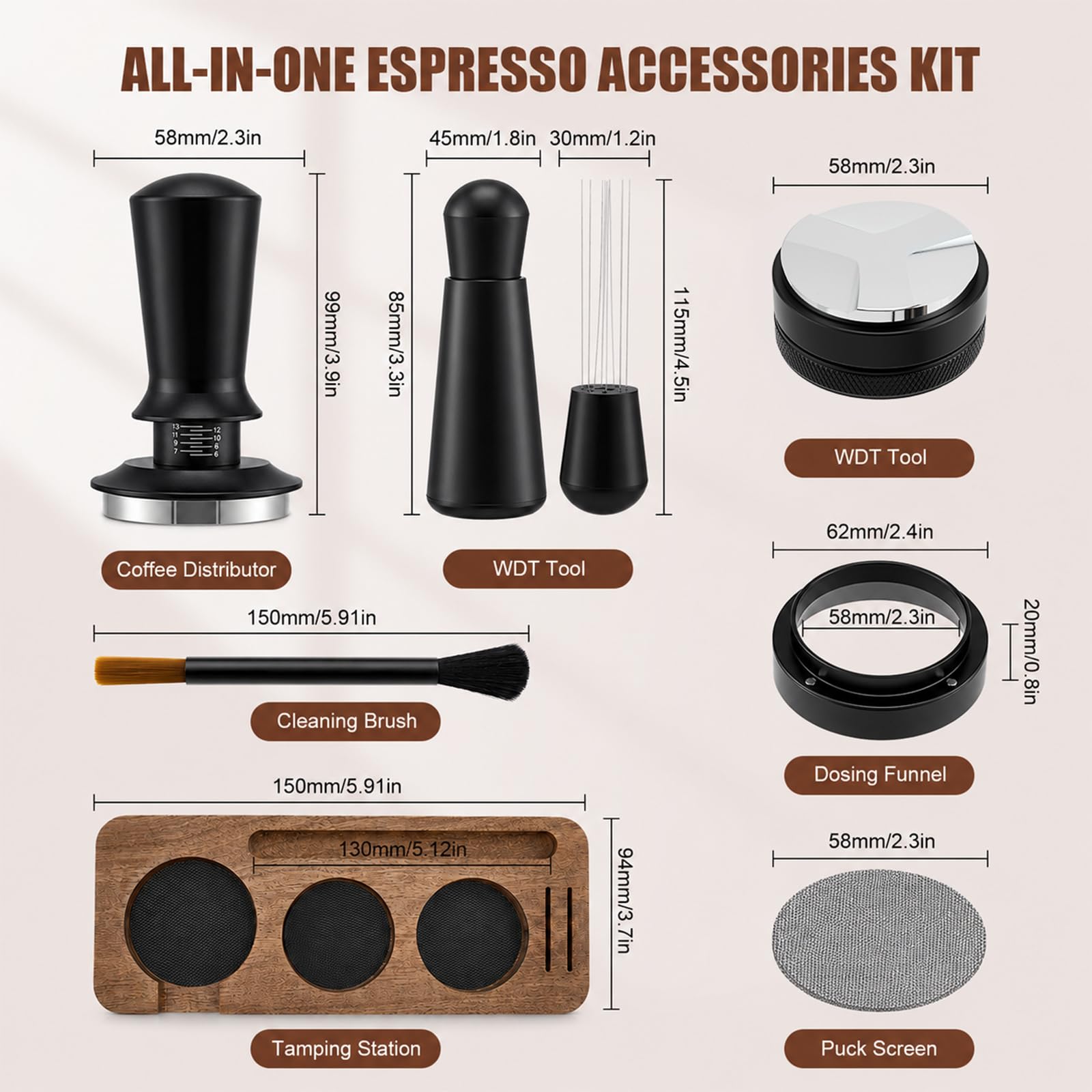 Set 7 Accesorios para Espresso, 58mm con Base de Madera, De Tamping, Herramienta WDT, Anillo Dosificador Magnético, Filtro y Cepillo