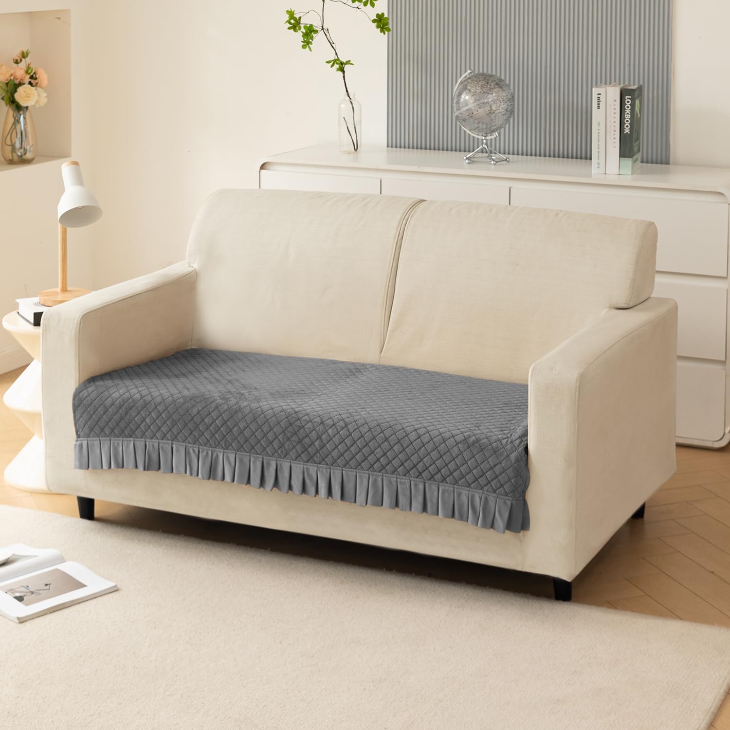 HOKIPO Holland Velvet 2 Seater Sofa Cover Seat Mat with Frill, Grey (IN-782-GRY)-image-46
