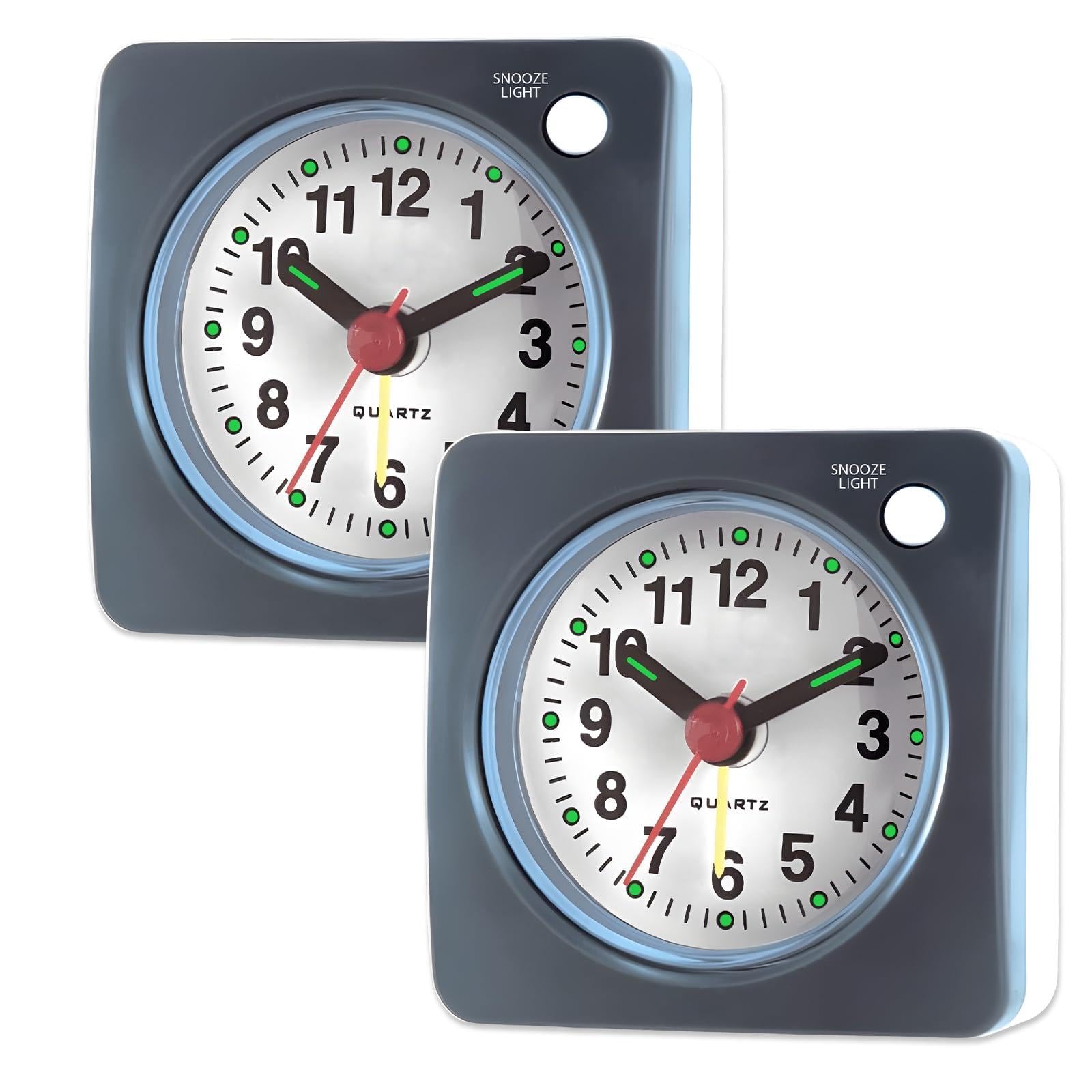 hommova 2 Pcs Silent Alarm Clocks Bedside Non Ticking, Travel Alarm Clocks Battery Operated, Small Clock Glow in the Dark for Heavy Sleepers