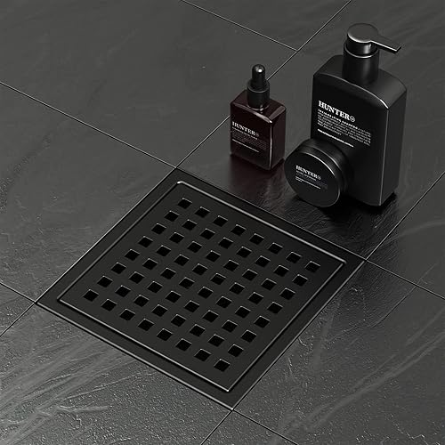 Miniatura 6 de Bmvlffs Drenaje de ducha cuadrado de 6 pulgadas, color negro mate con rejilla extraíble con patrón cuadrado, drenaje de piso de acero inoxidable SUS