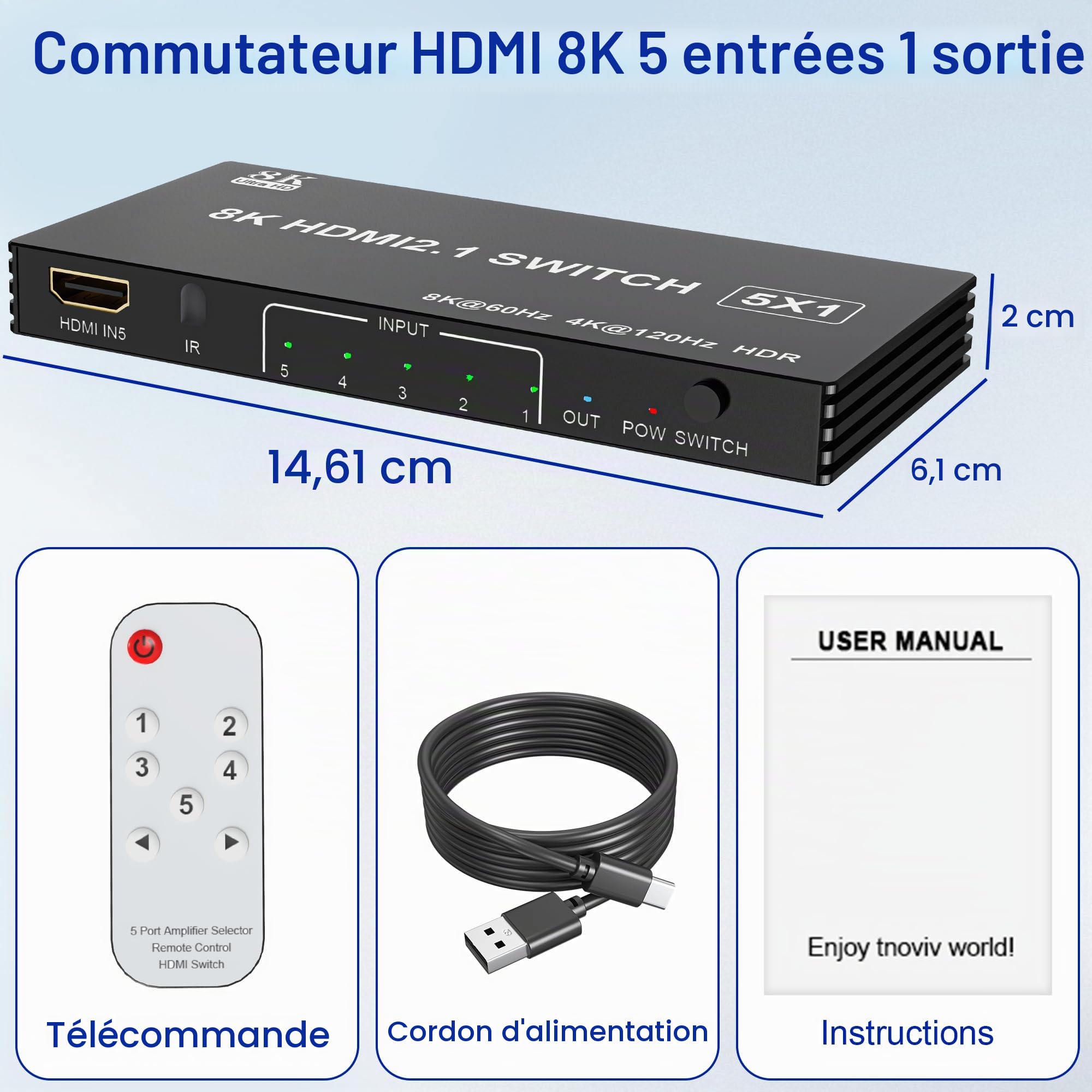 Commutateur HDMI 2.1 Switch 5 Entrées 1 Sortie, 8K 60Hz 4K 120Hz 48Gbps HDMI Switch UHD HDR 3D Compatible avec PS5/Switch/Xbox/Steam Deck/PC/HDTV/Moniteur/Projecteur