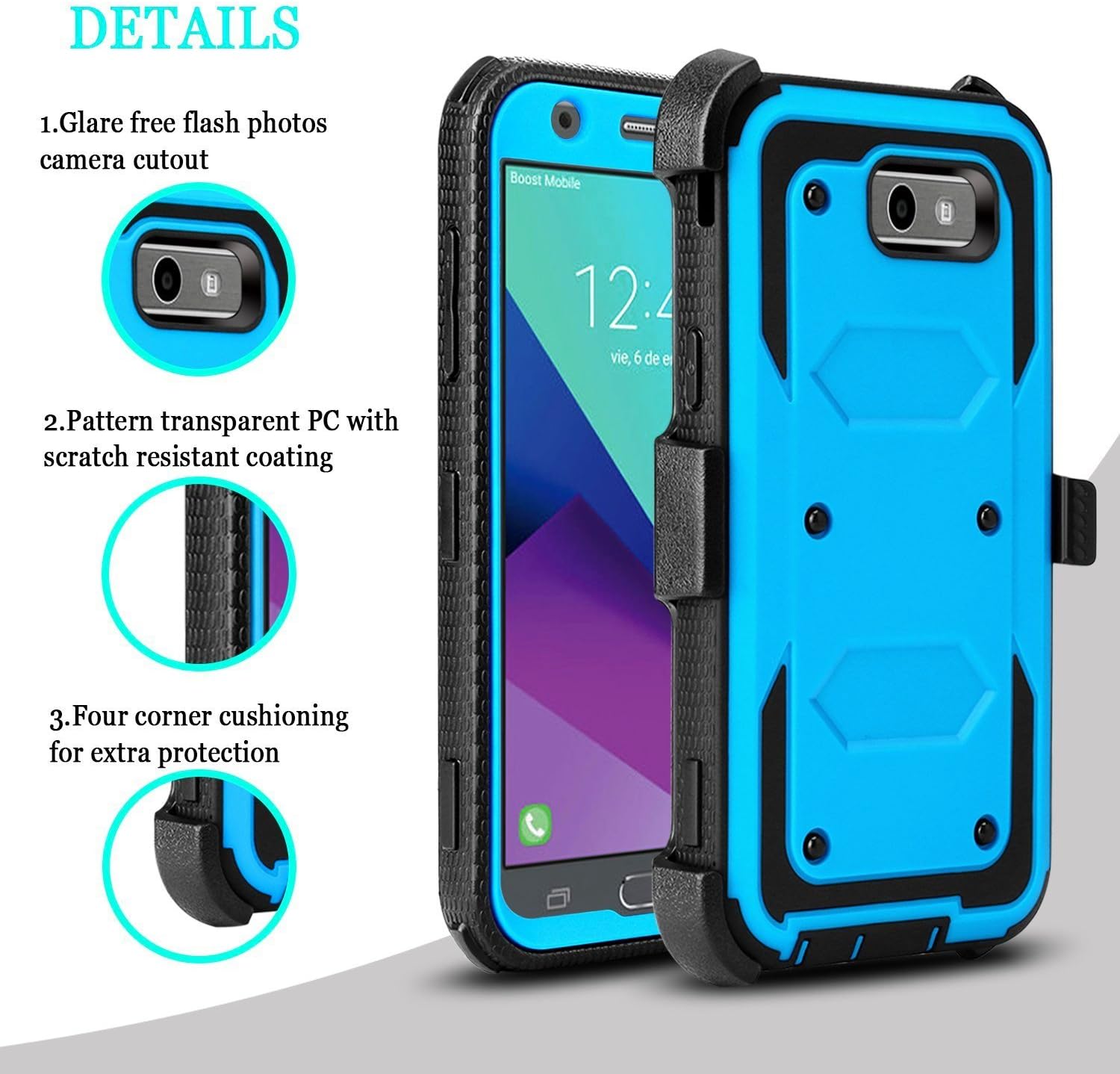 Galaxy J3 Emerge Case,Galaxy J3 Prime Case, J3 Eclipse Case,J3 Mission Case,J3 2017 Case, Jwest Heavy Duty Belt Clip Holster Dual Layer Protective Case with Kickstand (Blue)