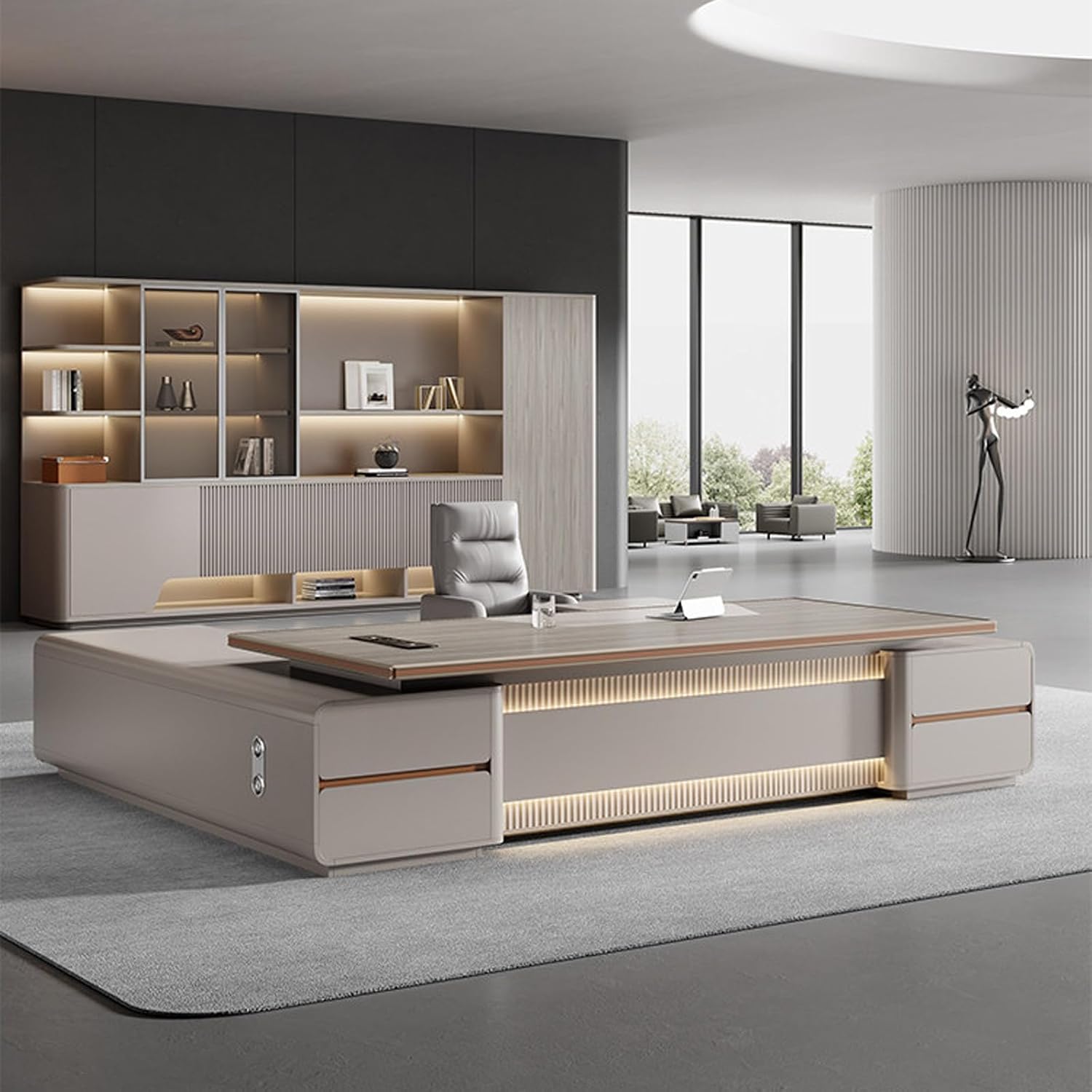 Luxury L Shaped Executive Office Desk with Drawers, Modern Large Home Computer Desk with Multifunctional Wire Box Study Gaming Table Business Workstation Set for CEO, Boss