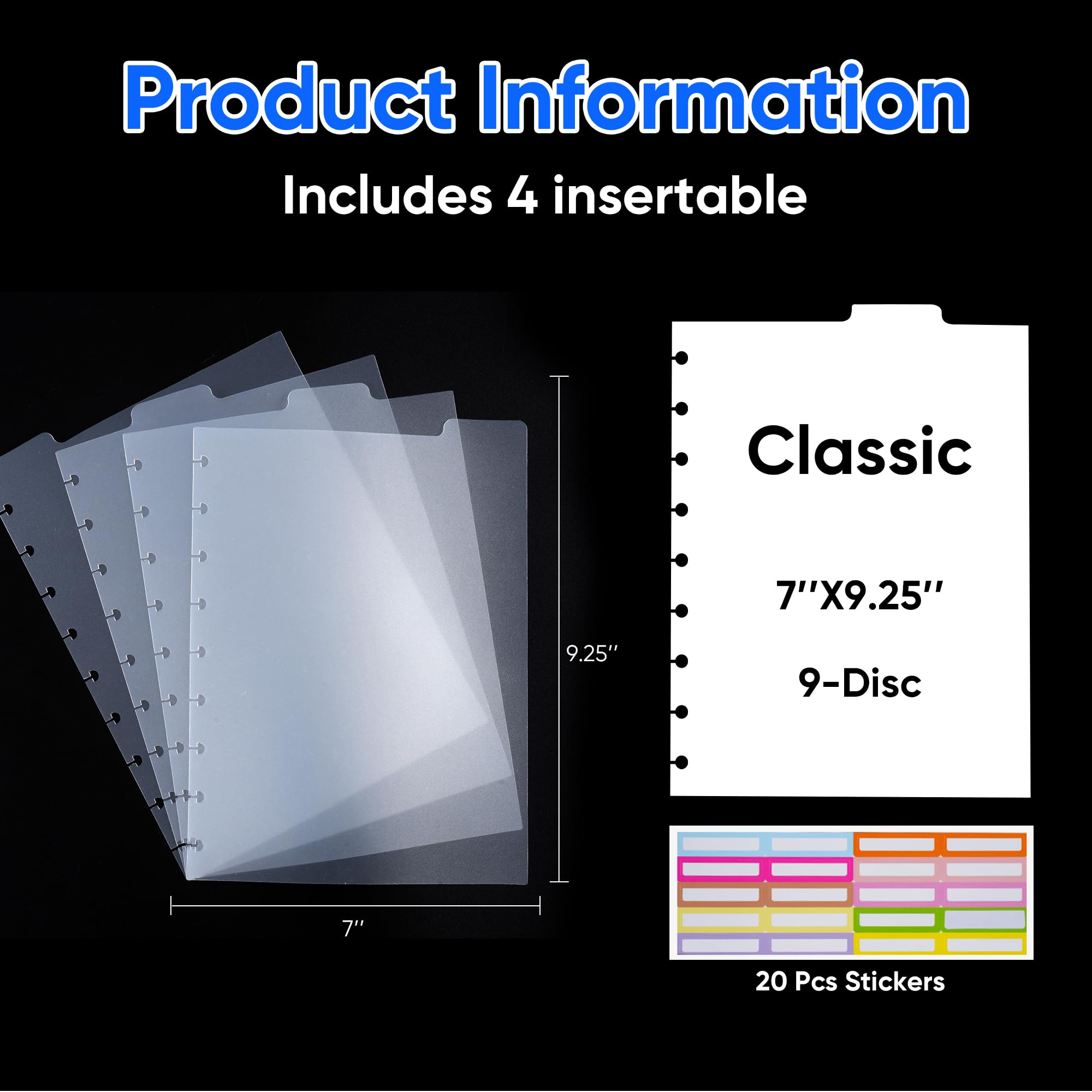 4 divisori vuoti per quaderni con rilegatura a disco, 17,8 x 23,5 cm, divisori classici per 9 dischi, semitrasparenti, con 20 adesivi