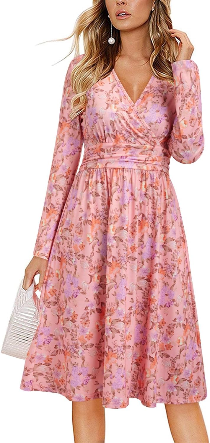 OUGES Women's Fall Long Sleeve Dress Casual Wrap V Neck Flowy Midi Wedding Guest Dresses with Pockets 2025