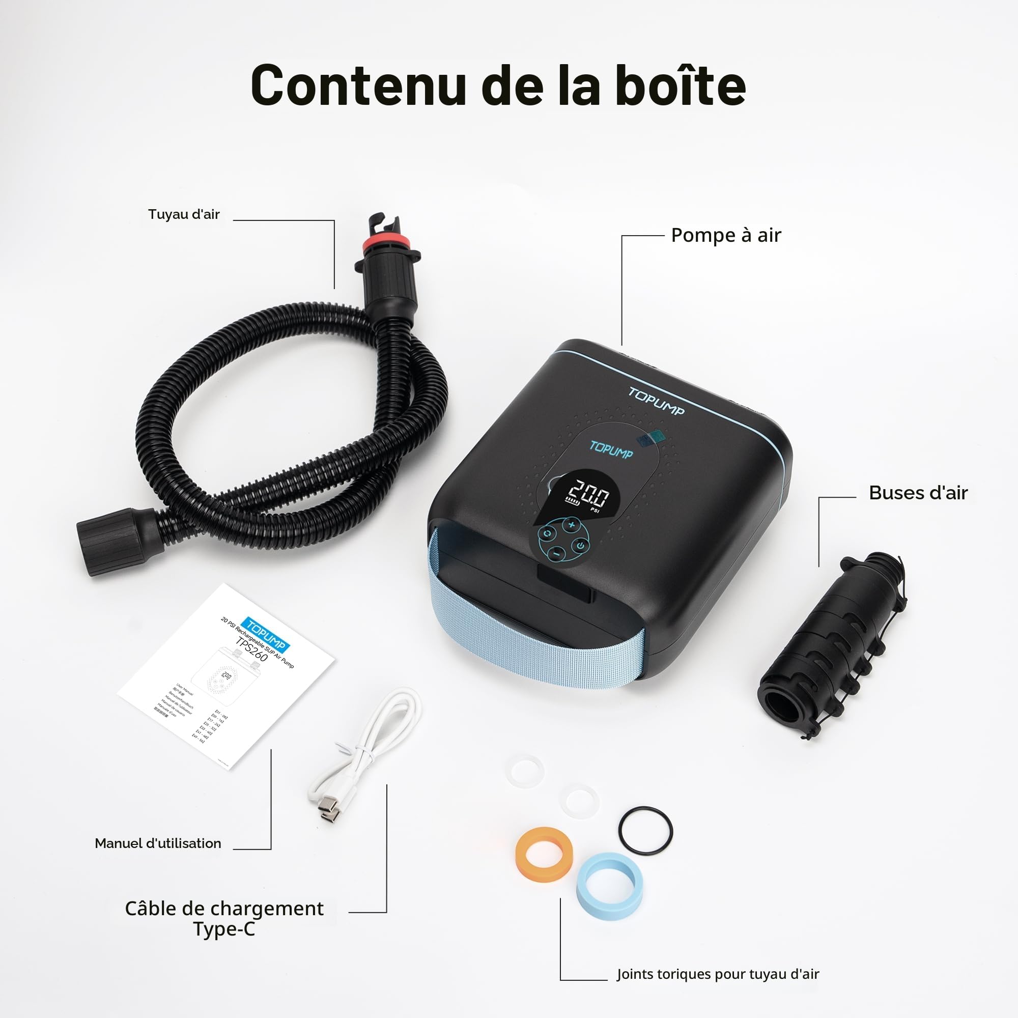 TOPUMP Pompe Sup TPS260 Rechargeable, 20PSI Pompe Élec Paddle Board Auto-Arrêt, Gonflage/Dégonflage 2 Étapes, Type-C pour Paddle, Kayak, Aile, Cerf-Volant, Tente, Bateau, Matelas