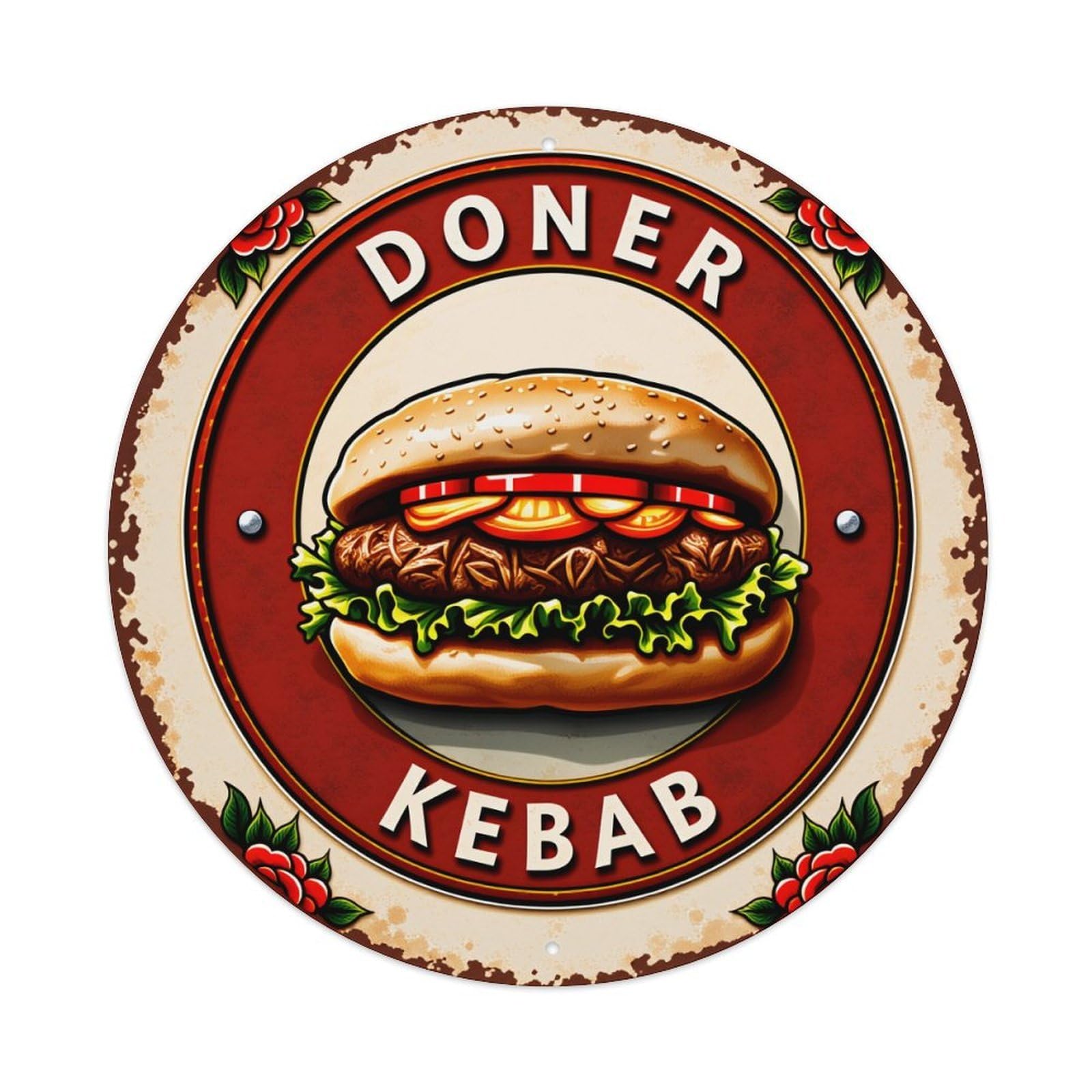 Wmlzdnwr Vintage Doner Kebab Burger With Vegetables And Meat Round Tin Sign,Retro Wall Art,Metal Poster For Home, Bar, Garage, Cafe, Rustic Indoor & Outdoor Decor, 8X8 Inches