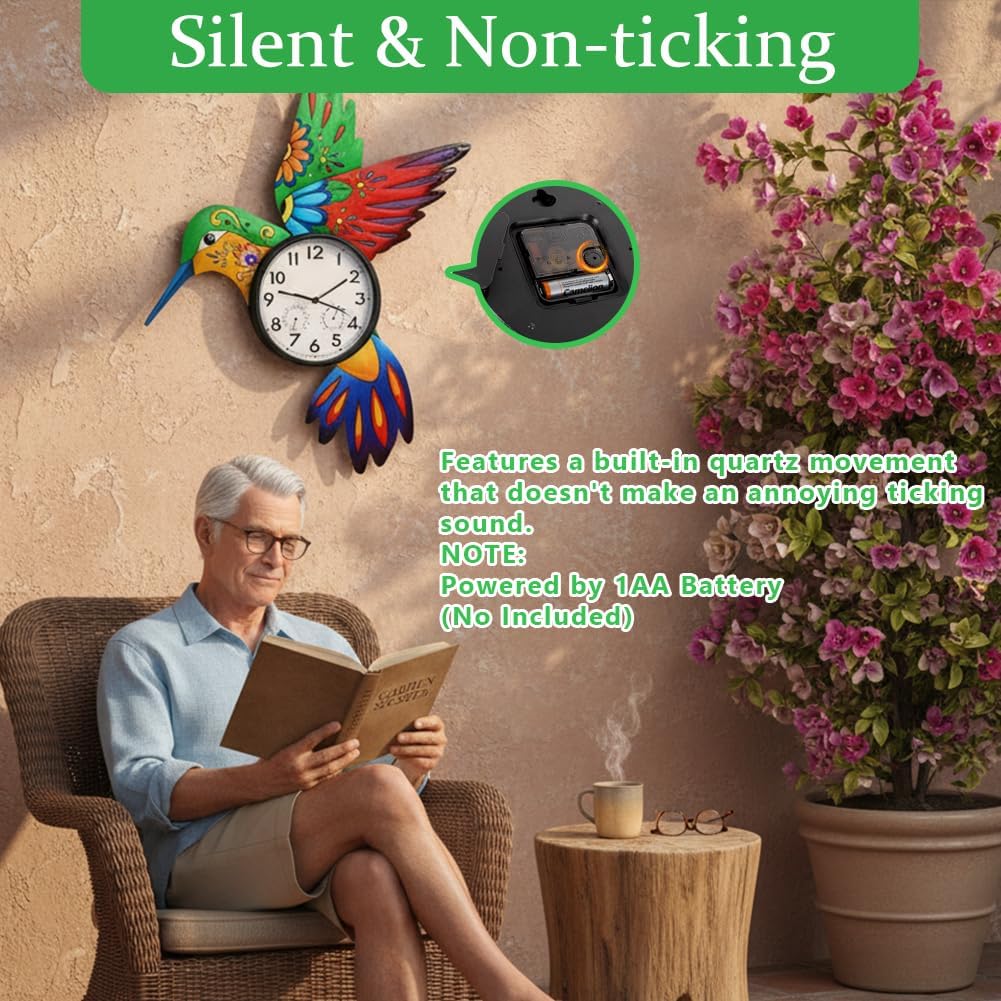 Large Outdoor Clock Silent Non-Ticking, Outdoor Wall Clock with Thermometer & Humidity Decorative Outdoor Clocks for Patio, Garden, Home Decor(Red&Green Hummingbird)