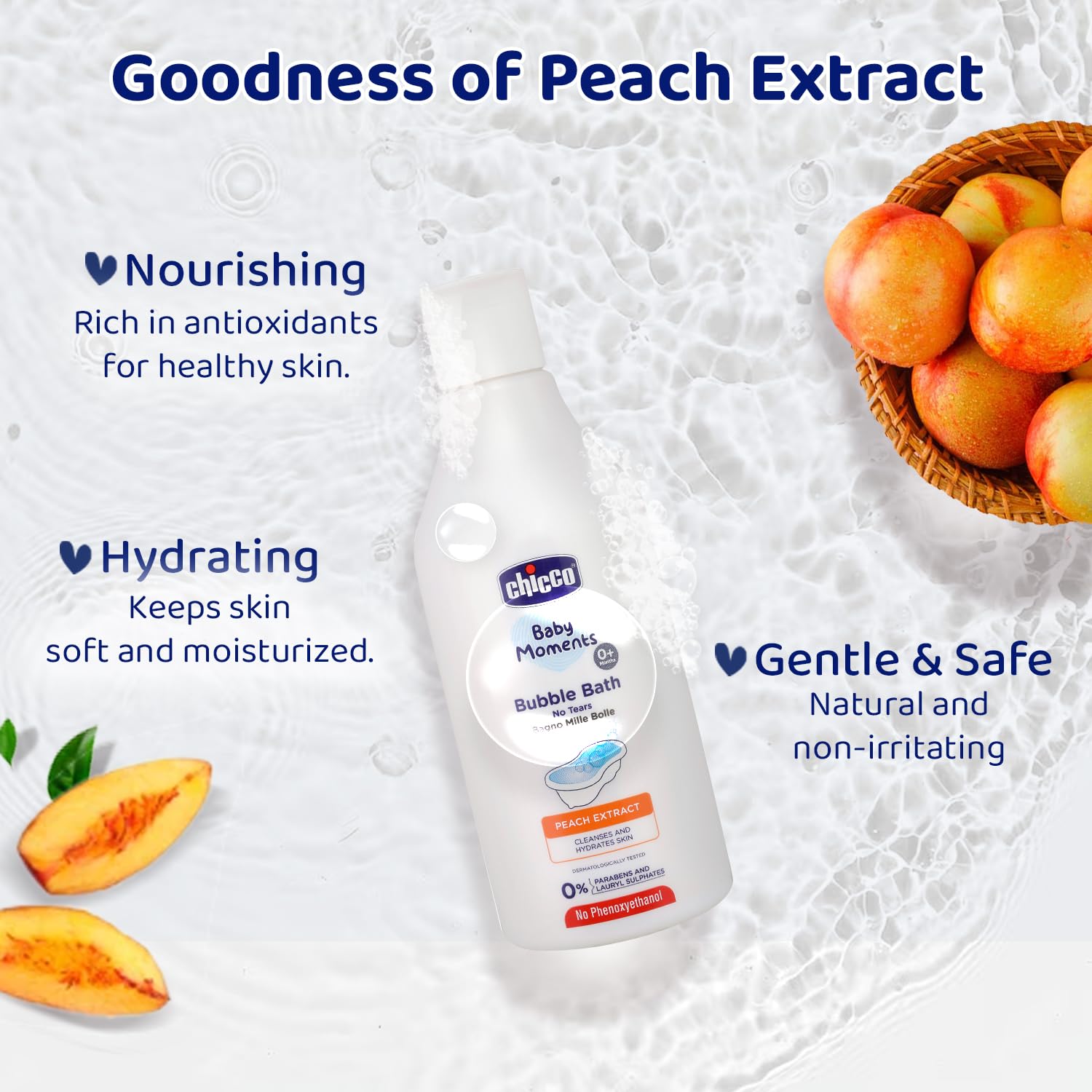 Chicco Baby Moments Bubble Bath, 300ml with Peach extracts | No Tears Formula | Hydrated Skin | Dermatologically Tested | Parabens & Phenoxyethanol Free - Image 5 thumbnail