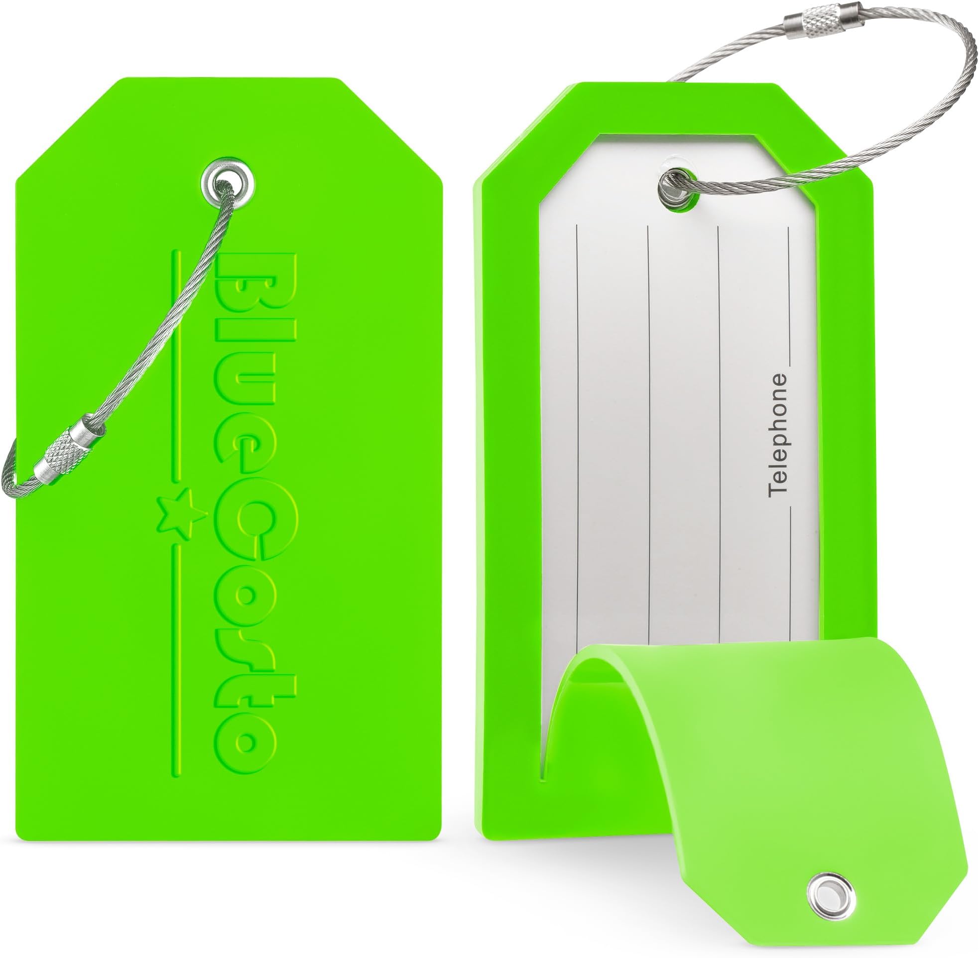 BlueCostoPremium PVC Luggage Tag, Luggage Tags w/Privacy Cover, Luggage Tags for Suitcases, Bag Tag, Luggage Tags 5 Pack, Identifiers Travel Bag Tags for Luggage, Name Travel Tags for Luggage (Bright Green)
