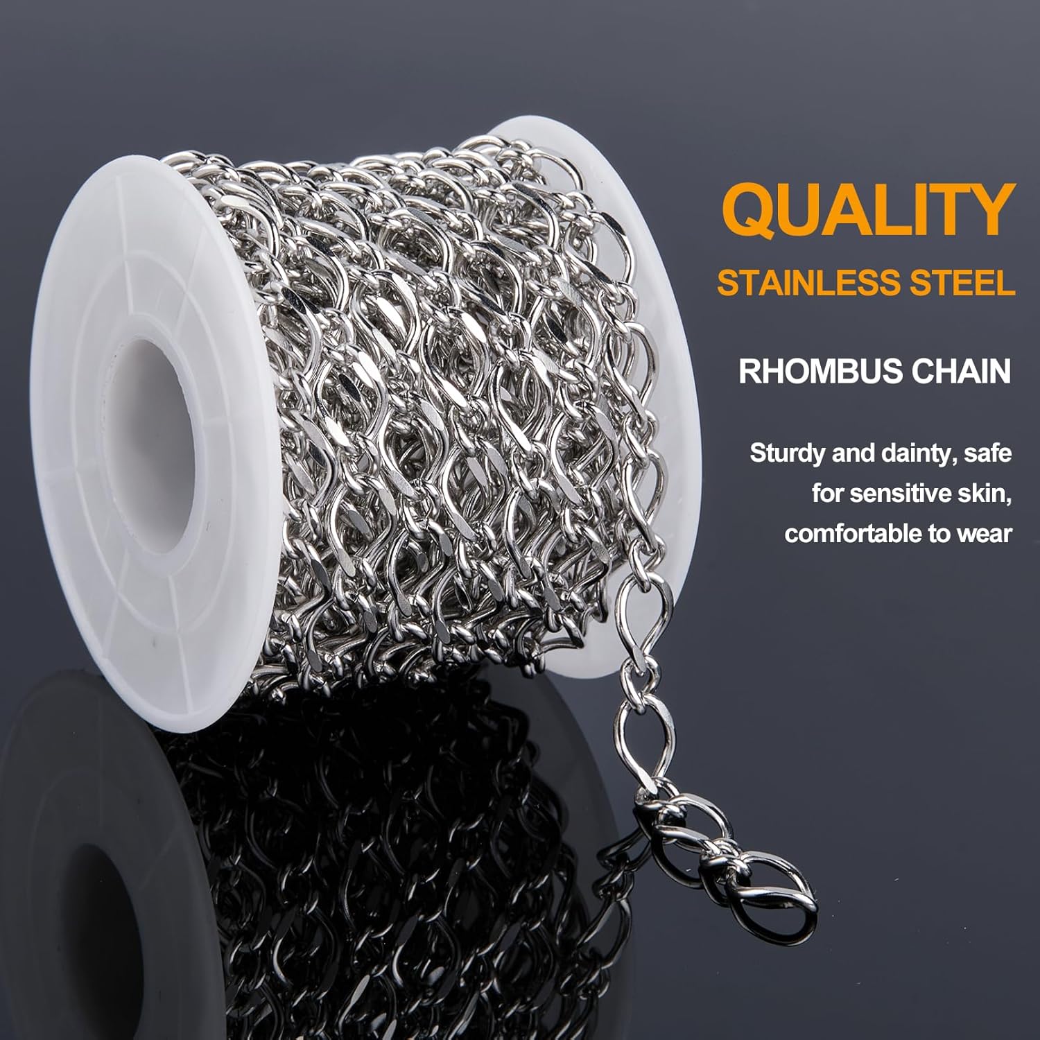 16.4 Feet Silver Chain for Men Women Necklace Bracelet DIY Stainless Steel Jewelry Chain Roll Rhombus Link Chains for Craft Making with Jewelry Clasps - Image 3
