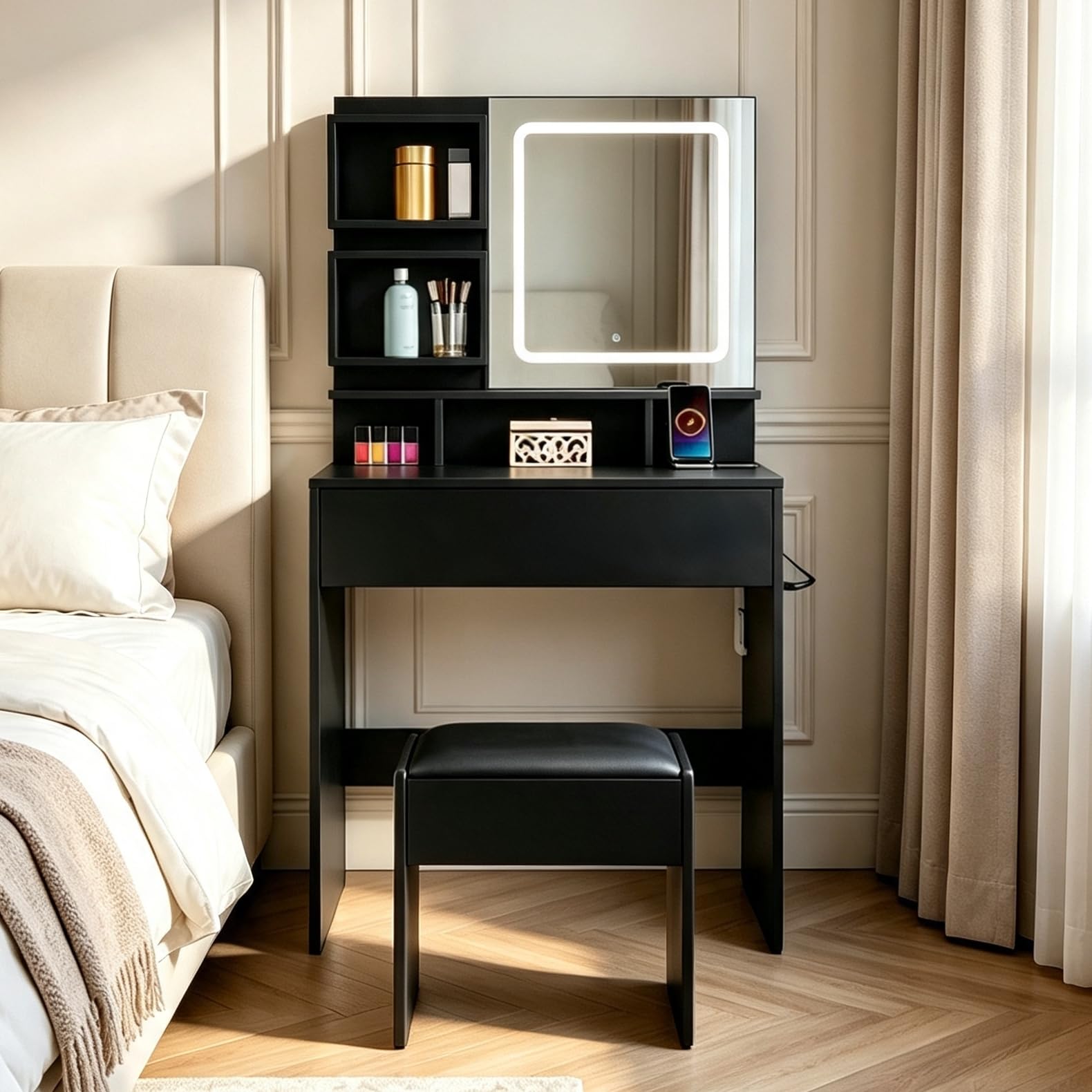 Dressing Table with Mirror & Stool,Vanity Makeup Table with Power Outlet