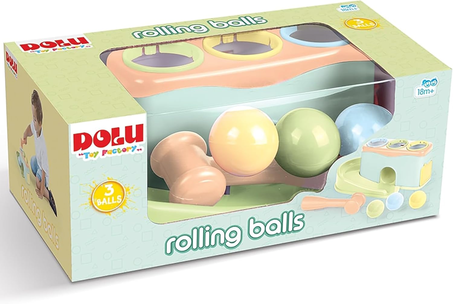 DOLU: Rolling Balls - Pound & Play Toy, Bench w/Exciting Roll Ramp, Hammer Mallet, 3 Balls, Soft Pastel Colors, Push & Grab, Kids & Toddlers 18mo+