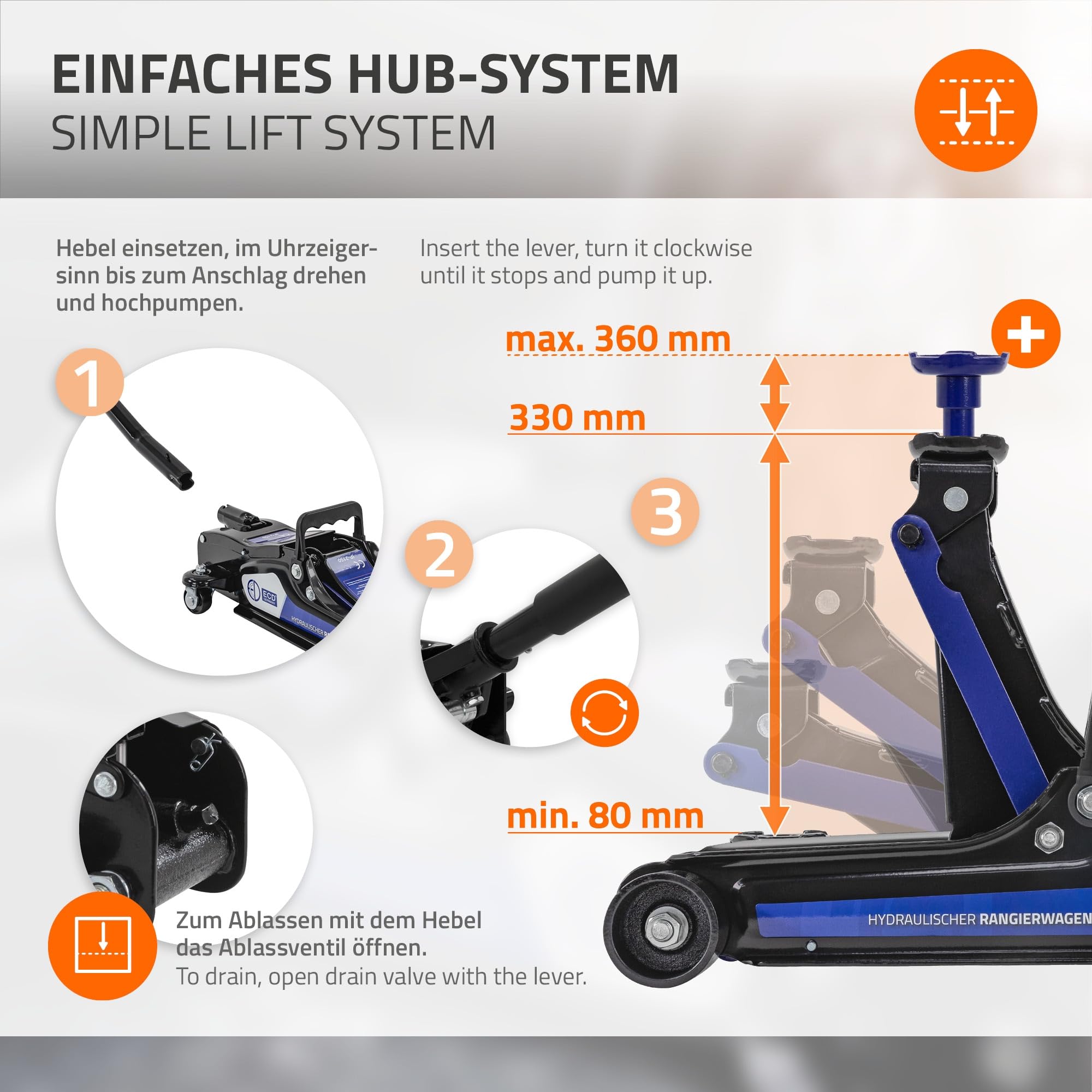 ECD Germany Gato Hirdráulico de Coche 2,5T, Altura de Elevación 80-360 mm, 2X Almohadilla de Goma + 1x Adaptador SUV, Levantador Negro con Rodillo 360° Ergónomico, Fácil de Usar