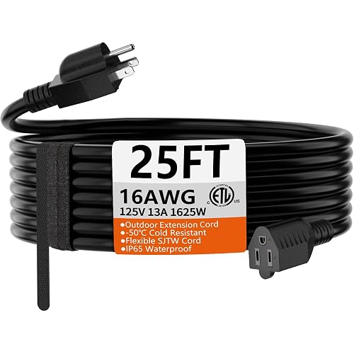 HUANCHAIN 25 FT 16 Gauge Black Indoor Outdoor Extension Cord Waterproof, Flexible Cold Weather 3 Prong Electric Cord Outside, 13A 1625W 125V 16AWG SJTW, ETL Listed