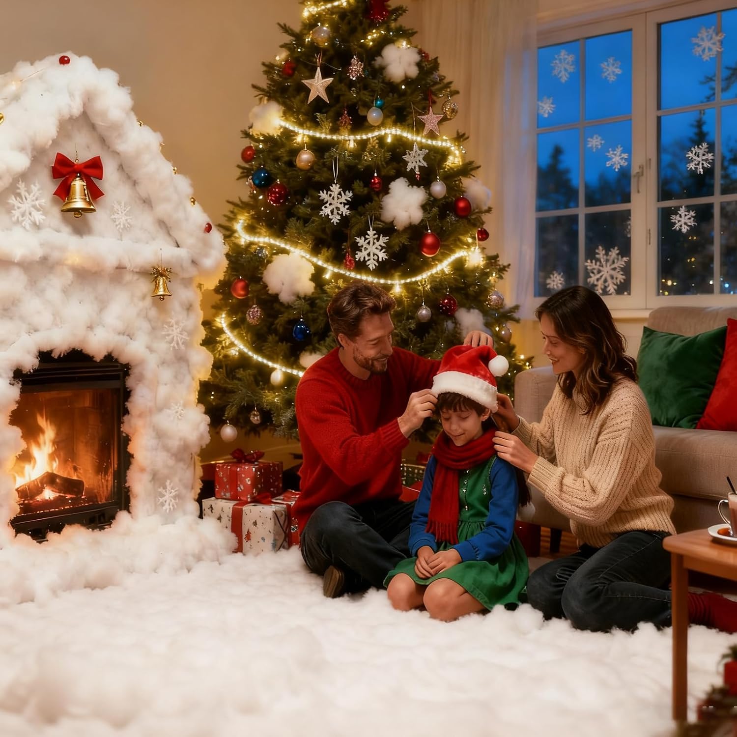 1LB Christmas Fake Snow Decor，Cotton White Fluff Christmas Indoor Decoration，Vacuum-Packed Artificial Snow，Cotton Stuffing for Crafts Christmas Village Snow Tree Table Covering Home and Office