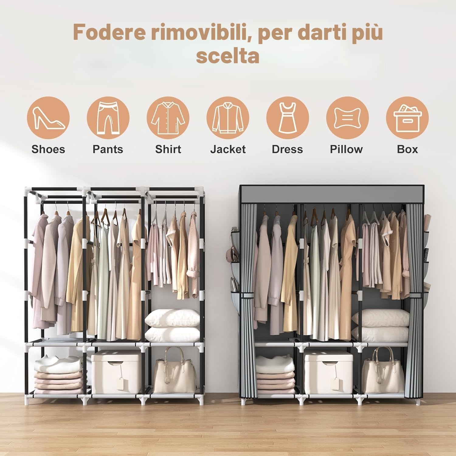 Vicye Armadio in Tessuto, Wardrobe Armadio Grande 19mm tubo metallico con 3 Barre Appendiabiti e 6 Tasche Laterali, Armadio da Campeggio Pieghevole per Camera da Letto e Spogliatoio Grigio